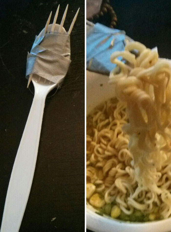 Homemade fork repair using duct tape fails with noodles.