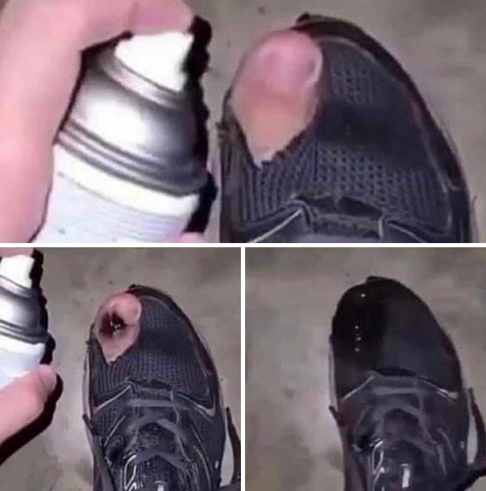 Failed repair attempt: Hole in shoe unsuccessfully patched with spray paint.