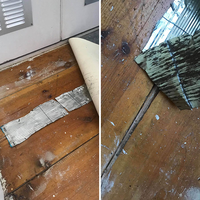 Failed repair attempt with tape on wooden floor, partially covered with ripped material.