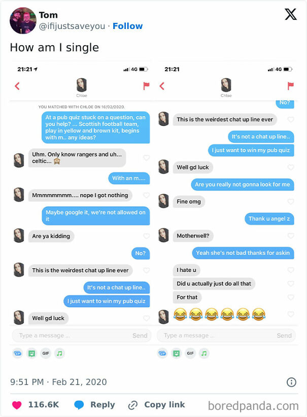 Chat conversation showcasing Scots humor with a pub quiz question about a Scottish football team, leading to witty exchanges.