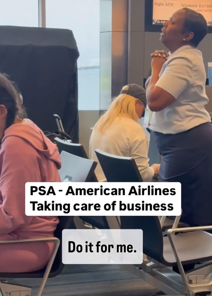 Airlines worker giving a passionate speech to frustrated passengers after a long flight delay. Airlines worker giving a passionate speech to frustrated passengers after a long flight delay.