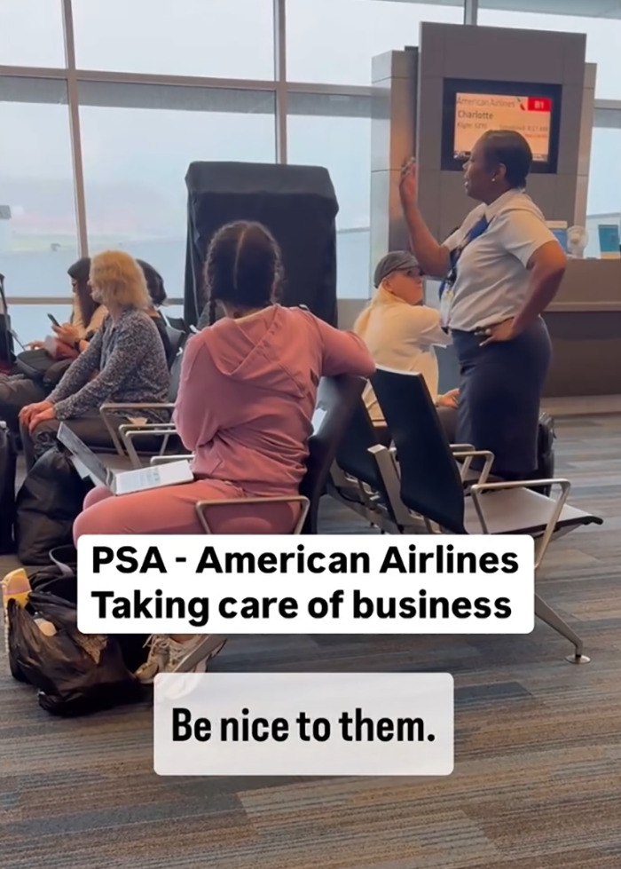 Airline worker addressing passengers at airport after delay, gesturing confidently while seated passengers listen attentively. Airline worker addressing passengers at airport after delay, gesturing confidently while seated passengers listen attentively.