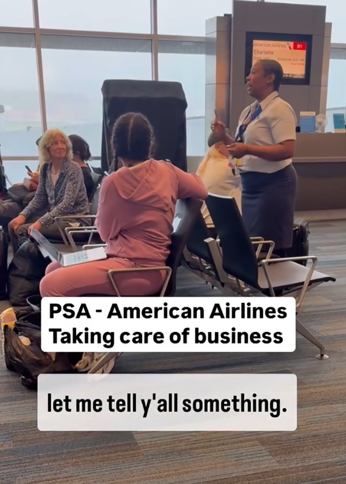 Airlines worker gives speech to passengers after delay, standing in terminal near seated travelers. Airlines worker gives speech to passengers after delay, standing in terminal near seated travelers.