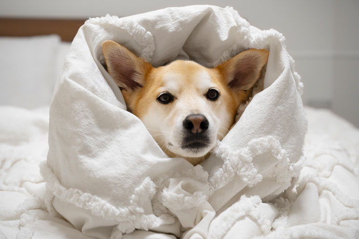 Dog wrapped in a white blanket, related to weighted blanket incident with injured back. Dog wrapped in a white blanket, related to weighted blanket incident with injured back.