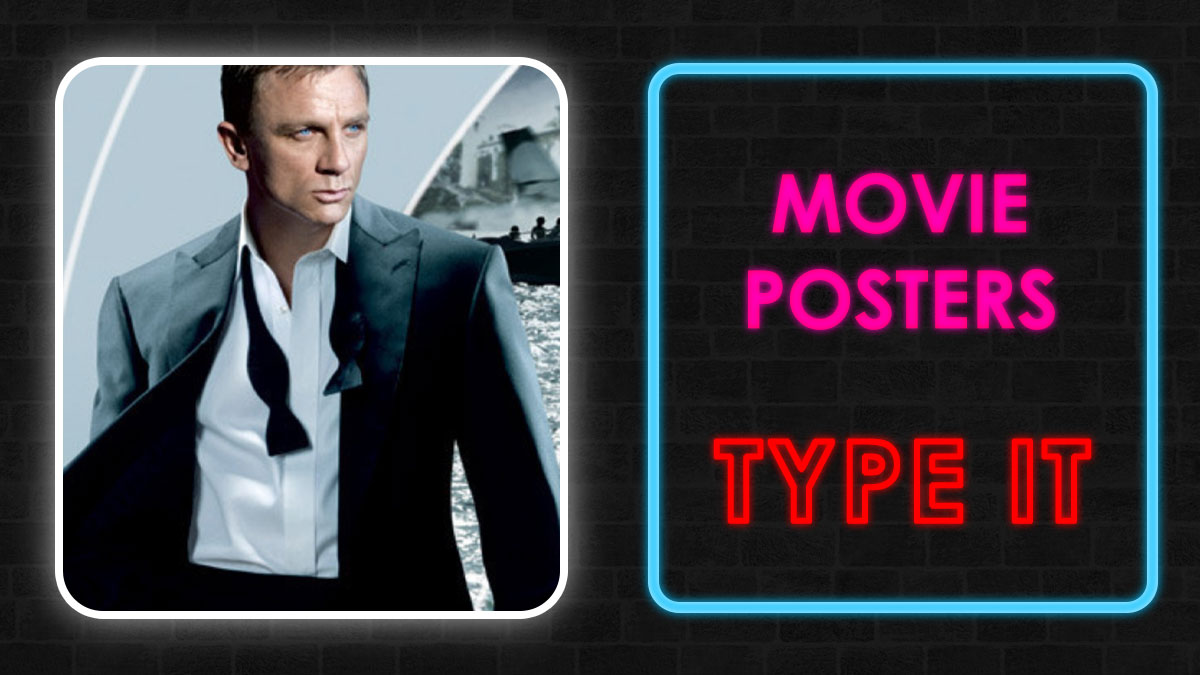 Actor in a suit from a movie poster next to neon text saying movie posters type it for a movie posters quiz.
