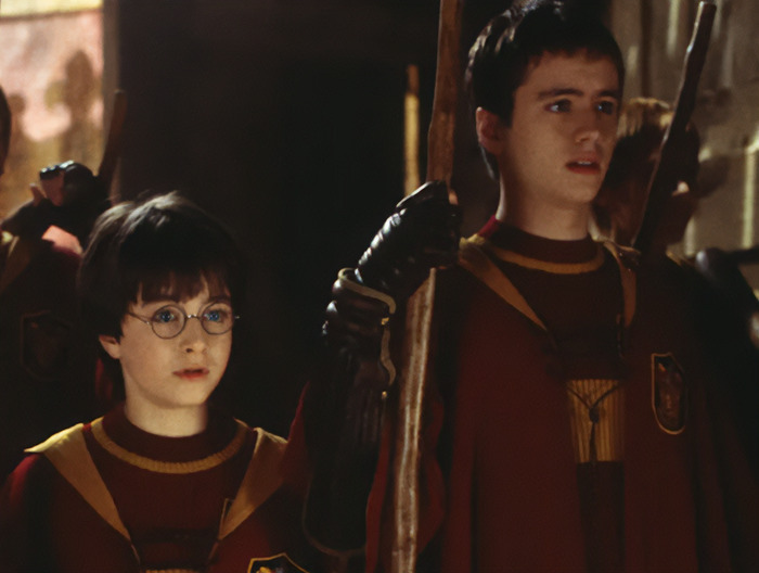 Harry Potter star in red Quidditch gear with teammates, holding brooms in a castle corridor setting. Harry Potter star in red Quidditch gear with teammates, holding brooms in a castle corridor setting.