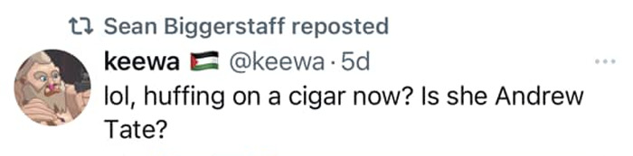 Tweet repost questioning if she's Andrew Tate, referencing JK Rowling in a trans ruling context. Tweet repost questioning if she's Andrew Tate, referencing JK Rowling in a trans ruling context.