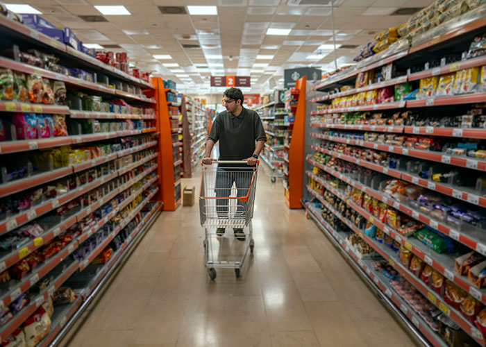 A grocery store employee pushes a cart down an aisle, surrounded by colorful shelves of products. A grocery store employee pushes a cart down an aisle, surrounded by colorful shelves of products.