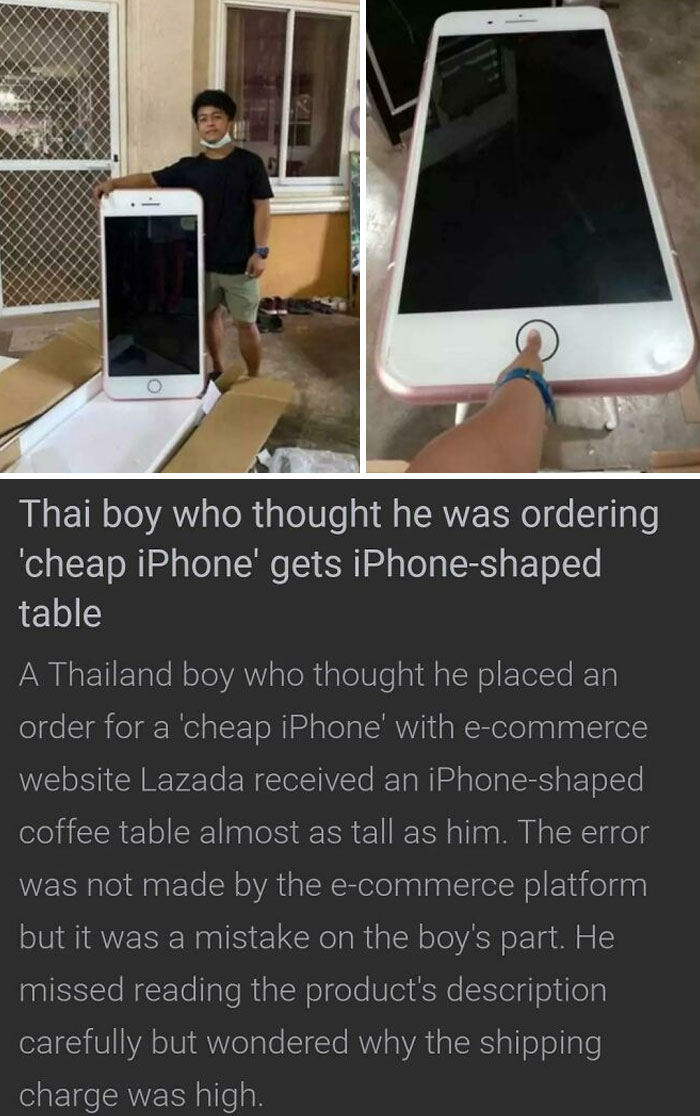 Boy stands next to a large iPhone-shaped table, ordered online instead of a phone, illustrating a bad day experience.