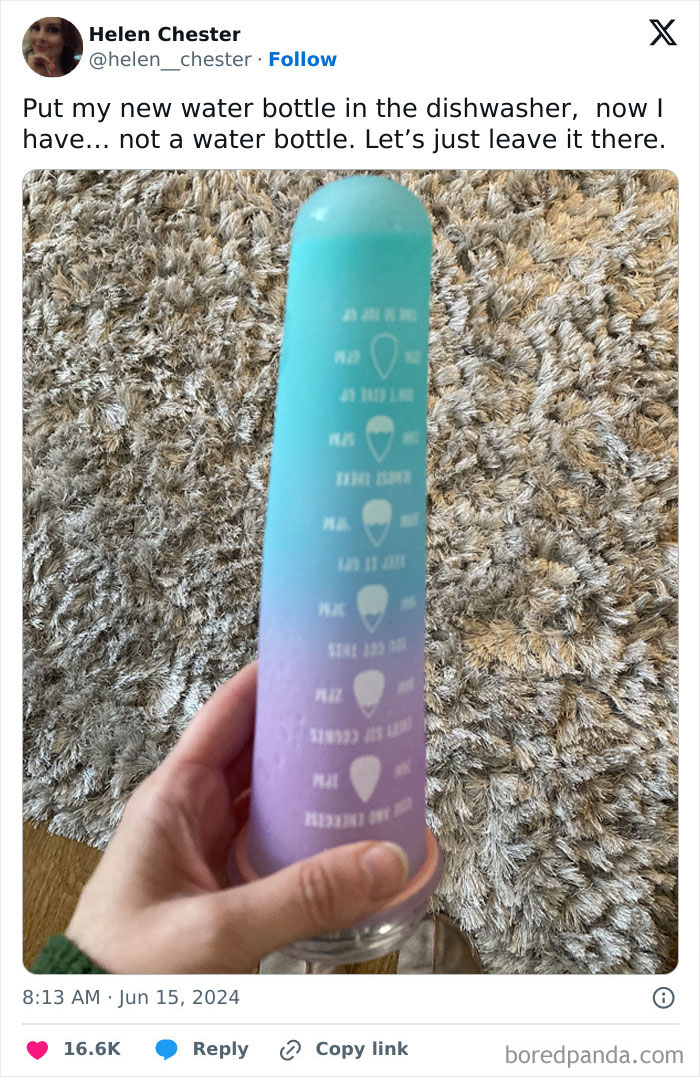 Melted water bottle distorted after dishwasher mishap held over textured carpet.