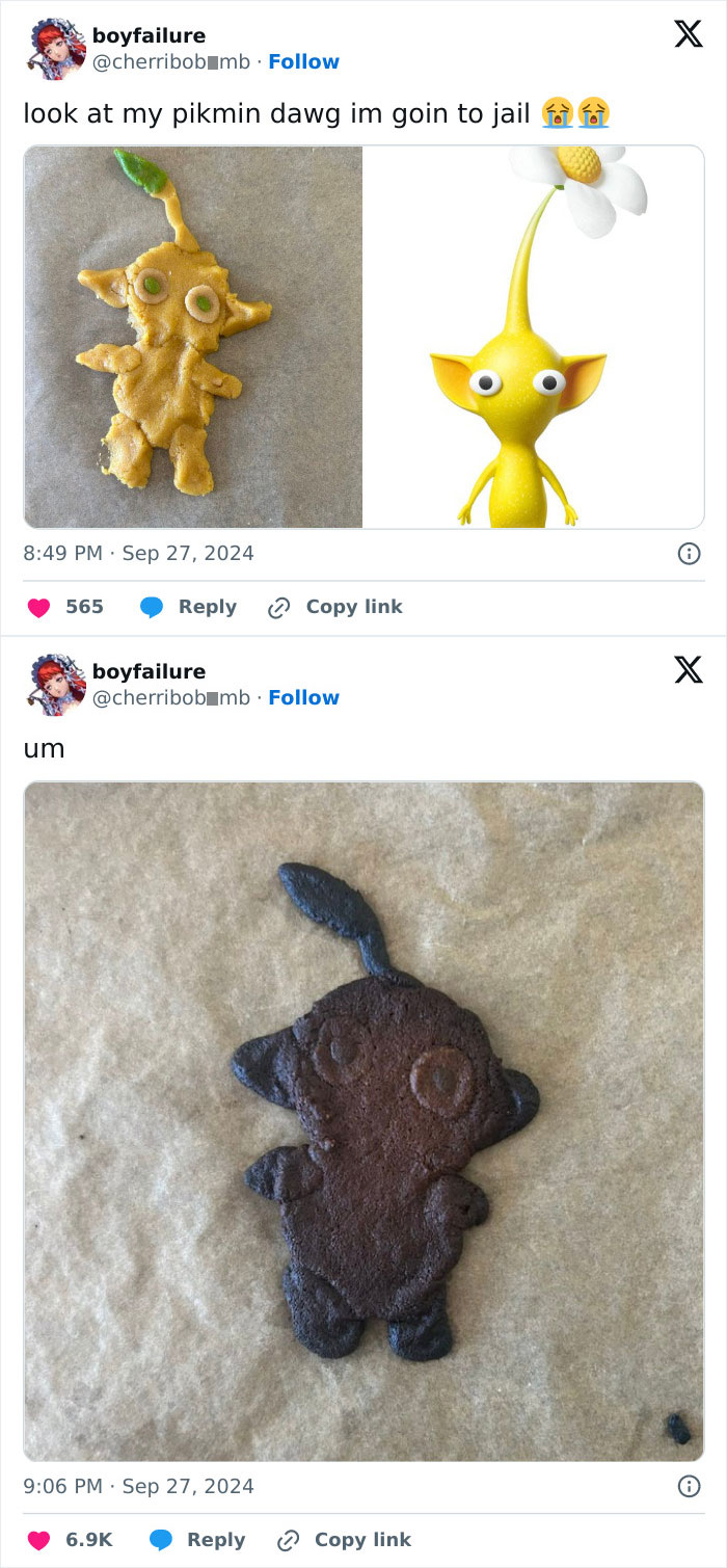 Homemade cookie resembling a Pikmin character, followed by a burnt attempt.