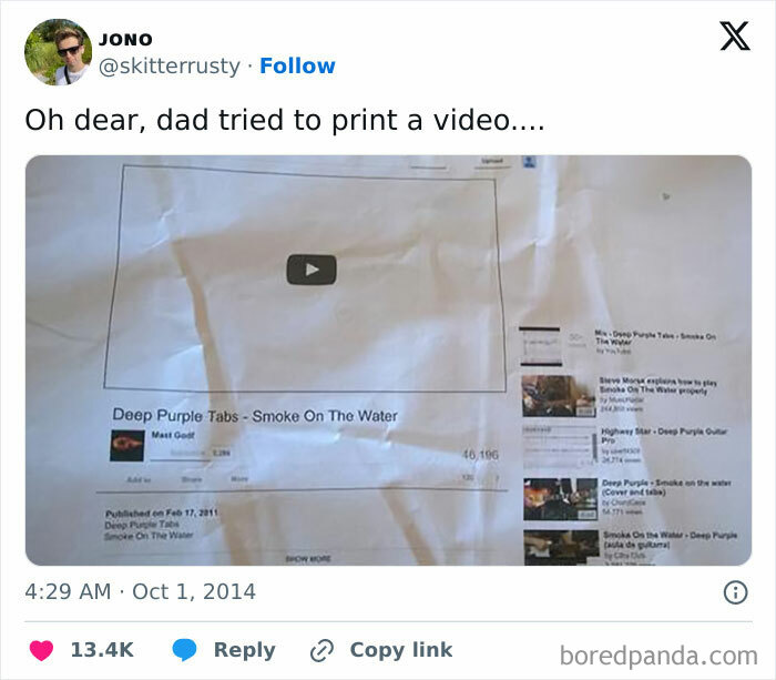 Printed YouTube video page showing an attempt to print a video frame, highlighting a tech mishap.