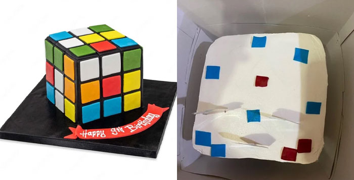 Rubik's cube cake expectation vs. reality, showing a perfect design versus a poorly executed version.