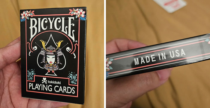 Playing cards packaging, showing "Bicycle" with samurai art, side reads "Made in USA," suggesting a day's possible frustration.