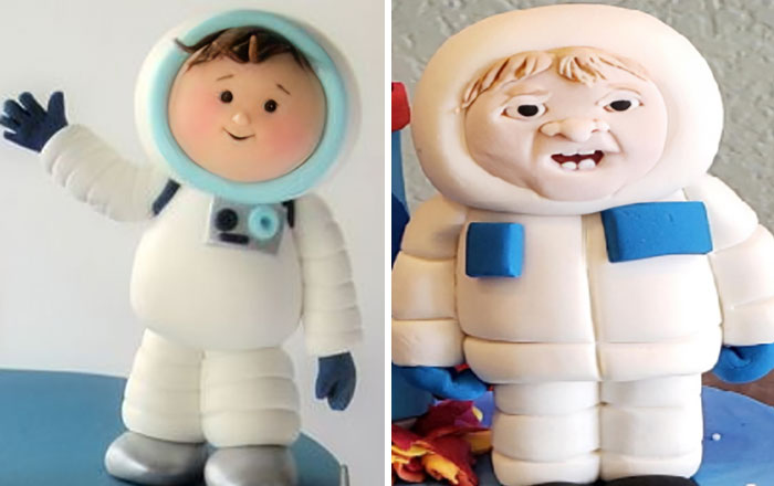 Cute astronaut figurine on left, amusingly awkward version on right. Comparison highlights someone's bad day through art.