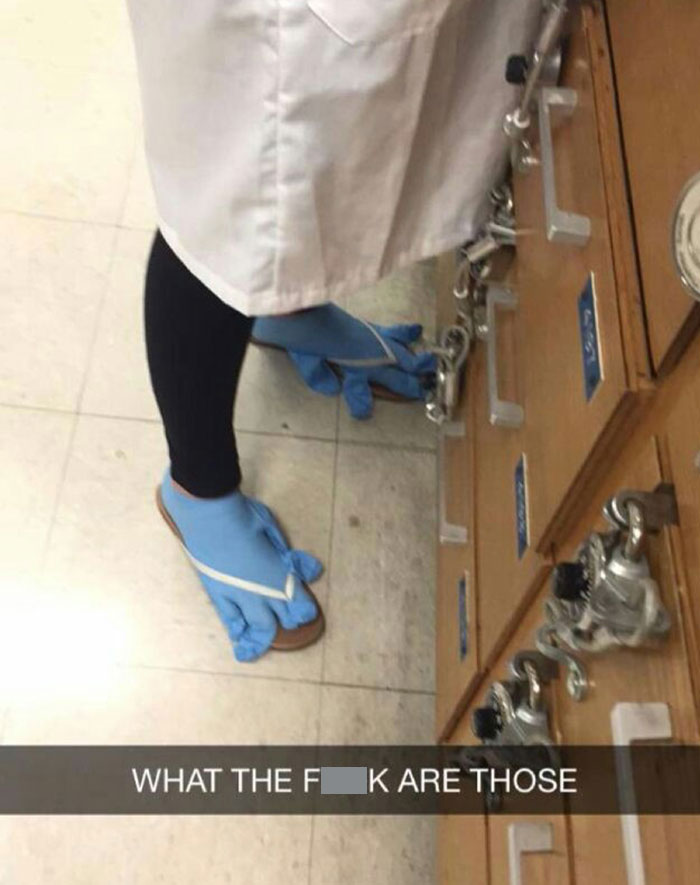 Person wearing blue gloves as shoes, having a rough day near lockers.