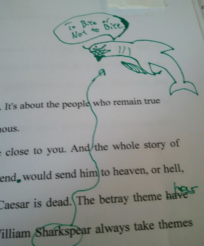 Drawing of a shark on paper with the caption “To Bite or Not to Bite,” a humorous take on a bad day.