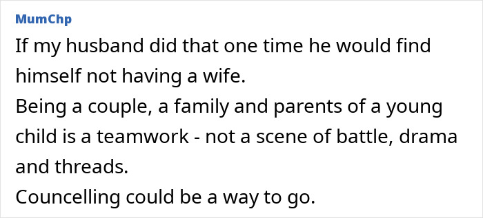 Comment discusses teamwork in parenting, suggesting counseling for family issues. Comment discusses teamwork in parenting, suggesting counseling for family issues.