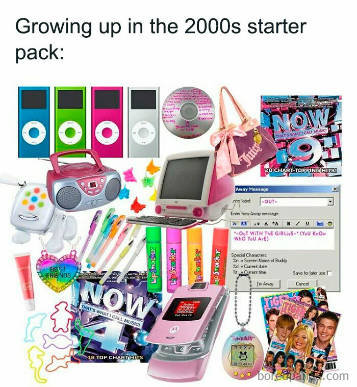 2000s nostalgia items, including iPods, flip phone, floppy disk, colorful markers, and CD collection.