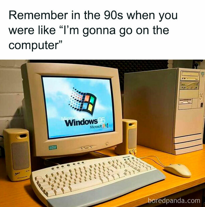 90s computer setup with a Windows 95 monitor, keyboard, and mouse, evoking funny throwback memories.