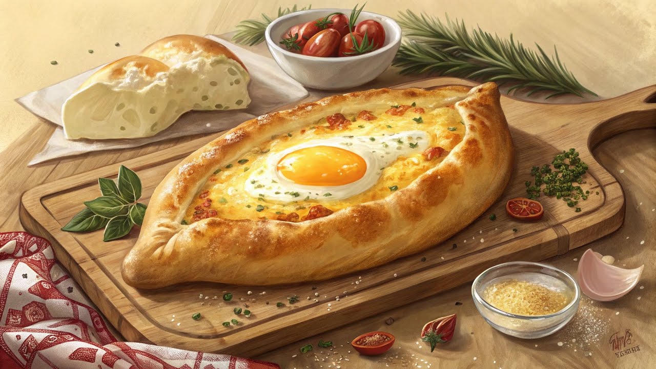 A Woman Gracefully Prepares A Khachapuri Dish With Cheese And Egg