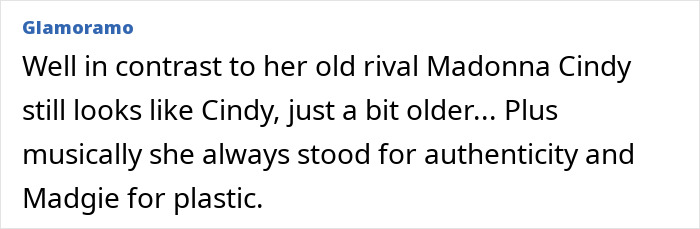 Text comparing Cyndi Lauper's authentic appearance to Madonna's, highlighting Lauper's stance on authenticity.
