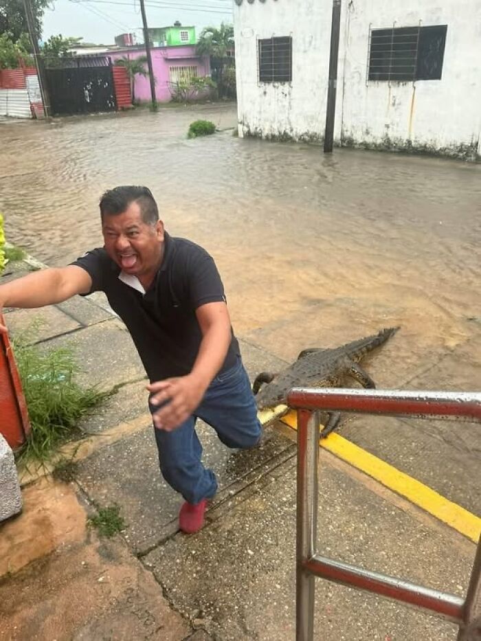 Man hilariously escapes crocodile on flooded street, caught on camera during a stormy day adventure.