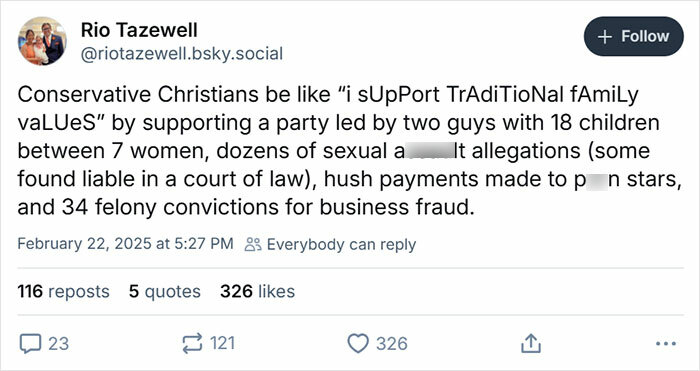 Social media post criticizing conservative Christian beliefs with political satire, highlighting irony and controversial issues.