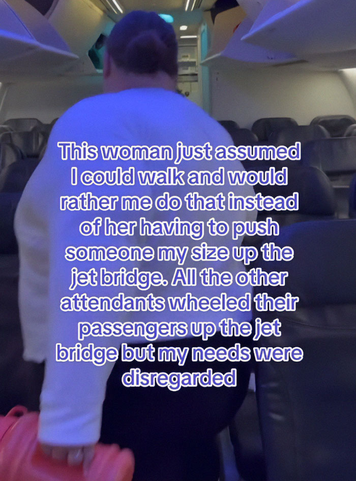 Plus-sized passenger frustrated as airport worker refuses wheelchair assistance. Plus-sized passenger frustrated as airport worker refuses wheelchair assistance.