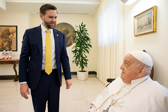 JD Vance meets with the Pope in a warmly lit room, engaging in a thoughtful conversation. JD Vance meets with the Pope in a warmly lit room, engaging in a thoughtful conversation.