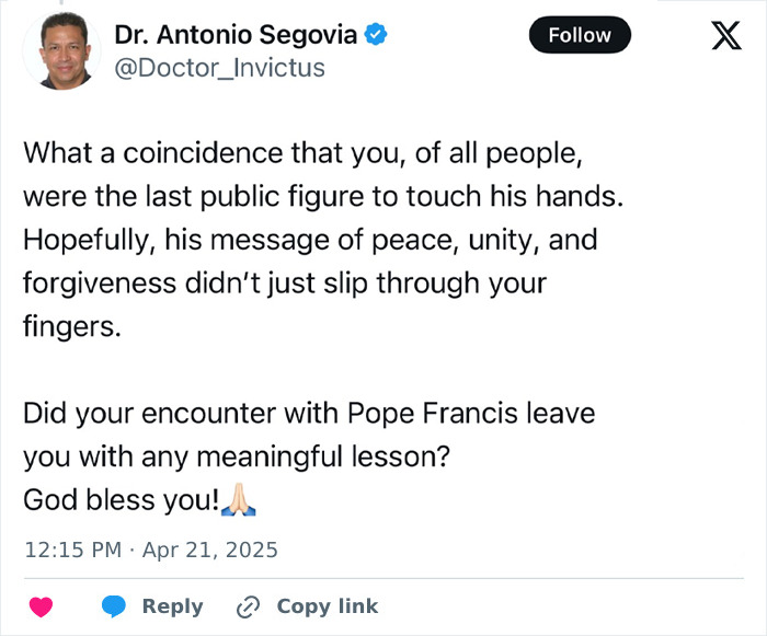 Tweet by Dr. Antonio Segovia discussing JD Vance's encounter with Pope Francis. Tweet by Dr. Antonio Segovia discussing JD Vance's encounter with Pope Francis.