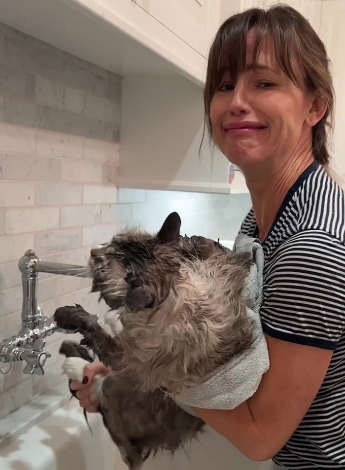 Woman holding a cat at a sink, sparking "animal cruelty" concerns. Woman holding a cat at a sink, sparking "animal cruelty" concerns.