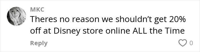 Comment from a Disney fan about online store discount wishes, discussing discounts for 2025. Comment from a Disney fan about online store discount wishes, discussing discounts for 2025.
