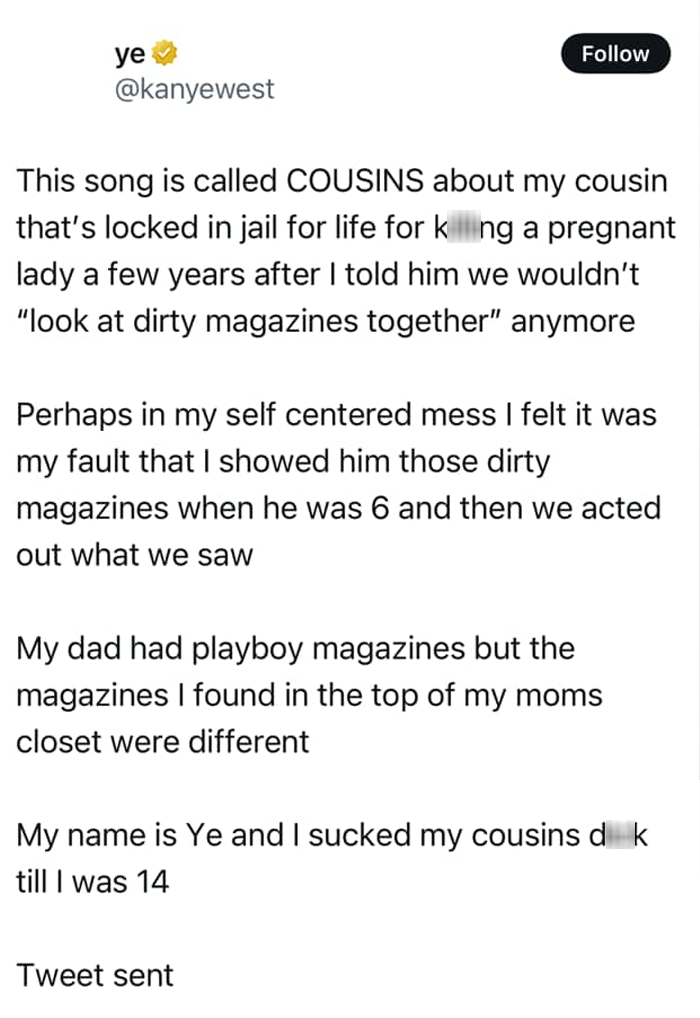 Tweet by Kanye West discussing personal and controversial family experiences. Tweet by Kanye West discussing personal and controversial family experiences.