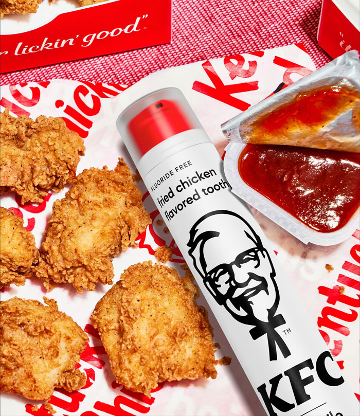 KFC fried chicken flavored toothpaste with 11 herbs and spices amidst crispy chicken pieces and sauce. KFC fried chicken flavored toothpaste with 11 herbs and spices amidst crispy chicken pieces and sauce.