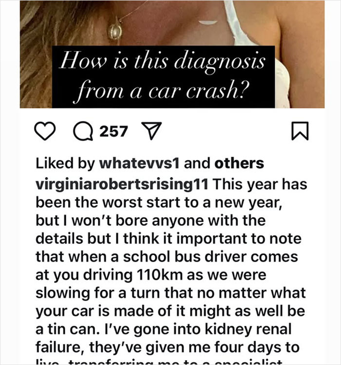 Instagram post questioning car crash diagnosis related to Prince Andrew's accuser's health claims. Instagram post questioning car crash diagnosis related to Prince Andrew's accuser's health claims.