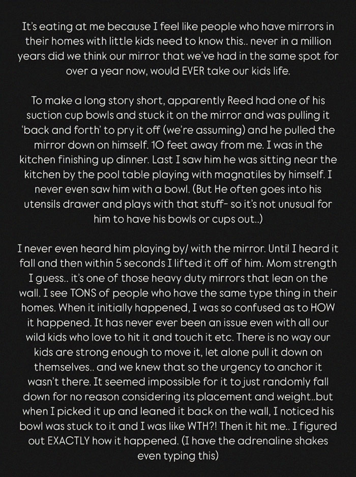 Text warning parents about mirror safety after tragic accident involving influencer's child. Text warning parents about mirror safety after tragic accident involving influencer's child.