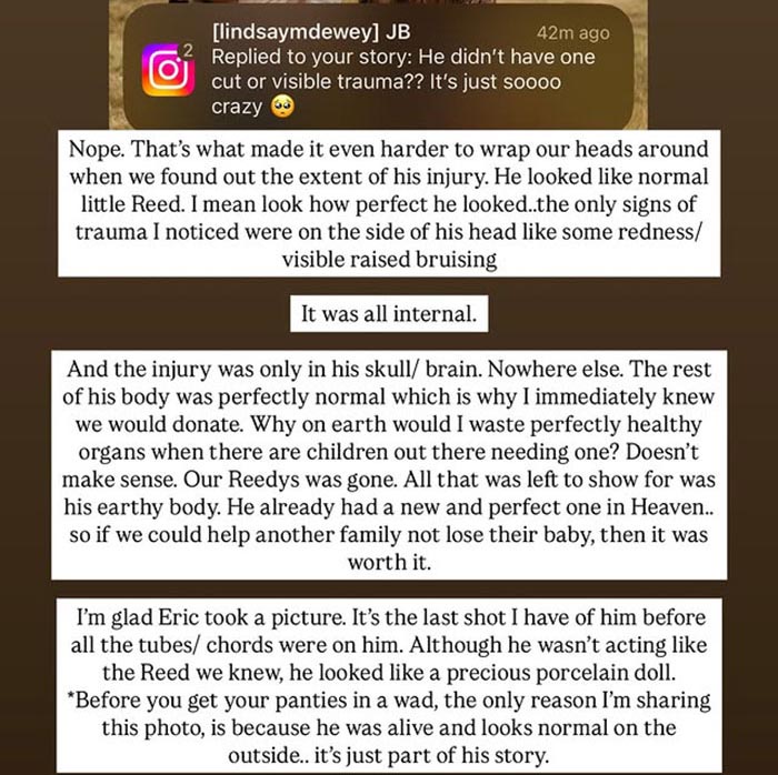 Text conversation about internal injuries of a parenting influencer’s son after tragic mirror accident. Text conversation about internal injuries of a parenting influencer’s son after tragic mirror accident.