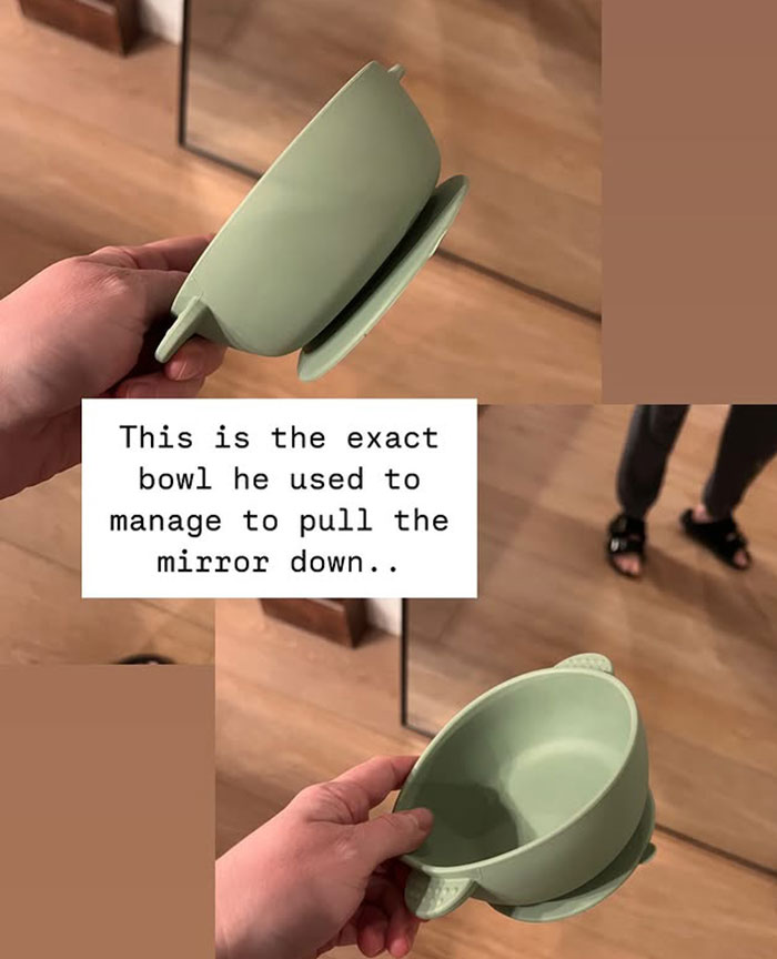 A hand holds the green bowl involved in the tragic mirror accident of parenting influencer's son. A hand holds the green bowl involved in the tragic mirror accident of parenting influencer's son.