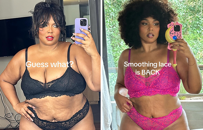 Lizzo in black and pink lace lingerie, holding a phone, showcasing her weight loss and style. Lizzo in black and pink lace lingerie, holding a phone, showcasing her weight loss and style.
