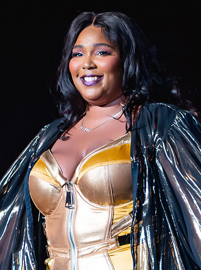 Lizzo in a metallic outfit at a concert, smiling brightly. Lizzo in a metallic outfit at a concert, smiling brightly.