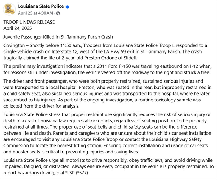 Louisiana State Police announce fatal accident claiming life of 2-year-old TikTok star 'Okay Baby' in news release. Louisiana State Police announce fatal accident claiming life of 2-year-old TikTok star 'Okay Baby' in news release.