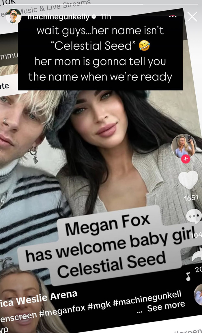 Machine Gun Kelly and Megan Fox address baby name confusion in social media post. Machine Gun Kelly and Megan Fox address baby name confusion in social media post.
