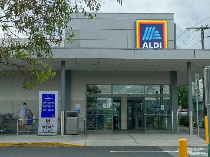Aldi store exterior, related to hard plastic found in cheddar bratwursts recall. Aldi store exterior, related to hard plastic found in cheddar bratwursts recall.