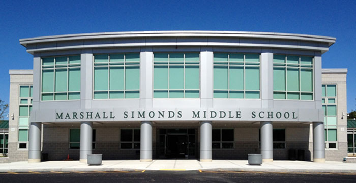 Front view of Marshall Simonds Middle School building, related to parent concerns over explicit survey questions. Front view of Marshall Simonds Middle School building, related to parent concerns over explicit survey questions.