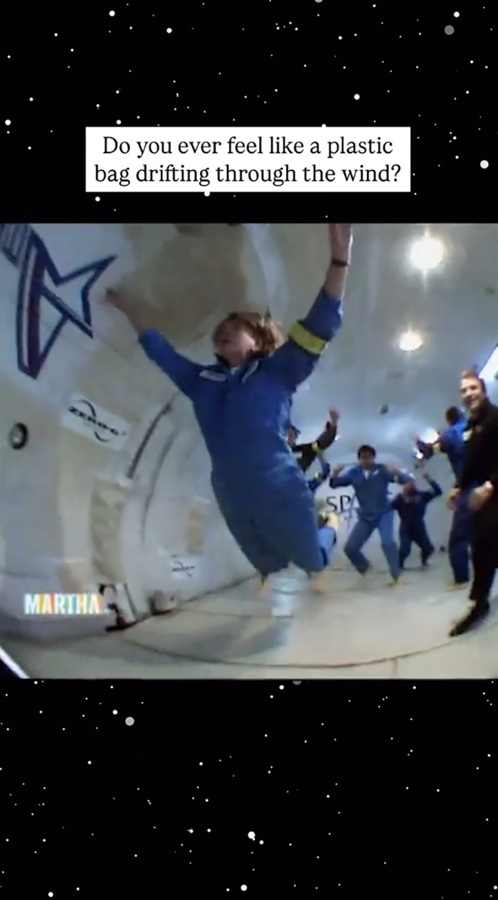 People floating in zero gravity, dressed in blue suits, during a Blue Origin experience, referencing astronauts. People floating in zero gravity, dressed in blue suits, during a Blue Origin experience, referencing astronauts.