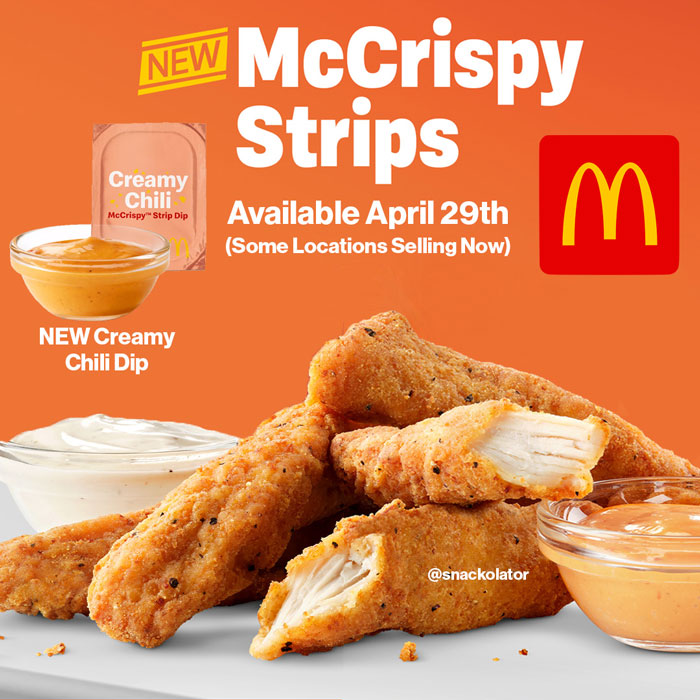 McDonald's McCrispy Strips with creamy chili dip, available April 29th, returning after over a decade. McDonald's McCrispy Strips with creamy chili dip, available April 29th, returning after over a decade.