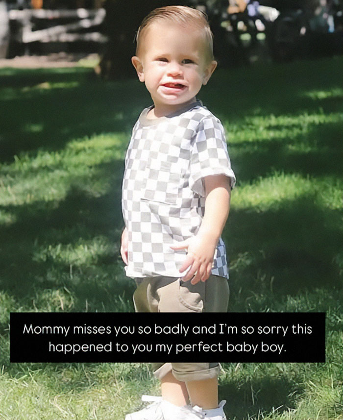Toddler in checkered shirt on grass, related to parenting influencer's tragic mirror accident. Toddler in checkered shirt on grass, related to parenting influencer's tragic mirror accident.