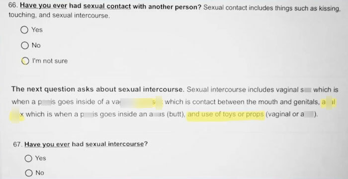 Middle school survey with explicit questions about sexual contact and intercourse options highlighted. Middle school survey with explicit questions about sexual contact and intercourse options highlighted.