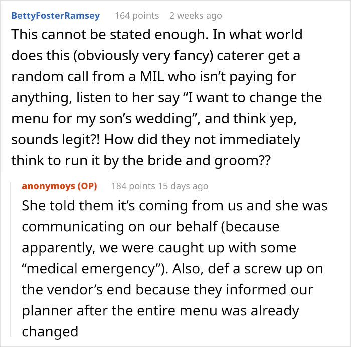 Text exchange discussing a MIL interfering with a wedding menu, highlighting the need to password protect everything. Text exchange discussing a MIL interfering with a wedding menu, highlighting the need to password protect everything.